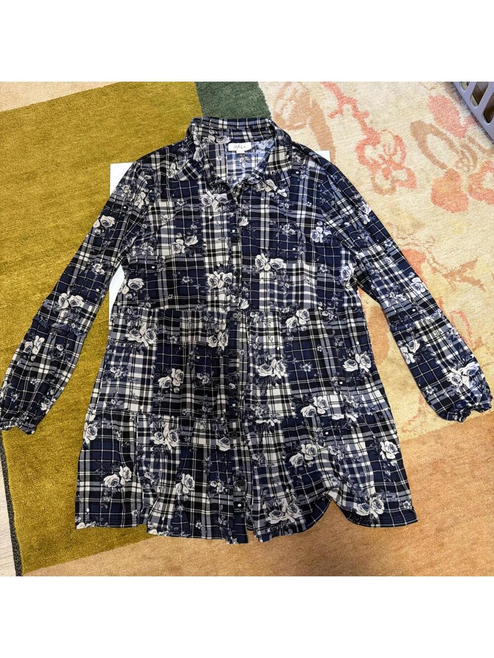 Style & Co Navy Blue Floral Lauded Dress Top Size XL